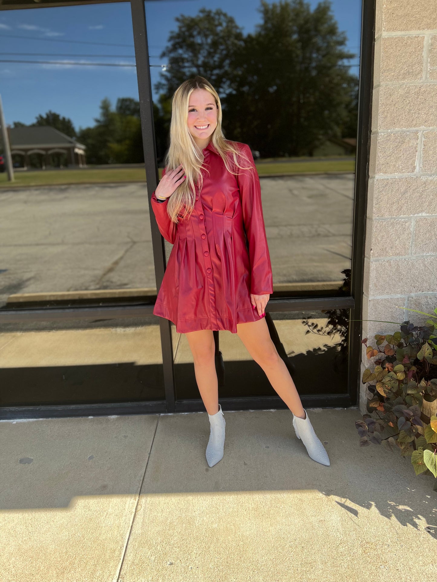 Burgundy Leather Button Dress