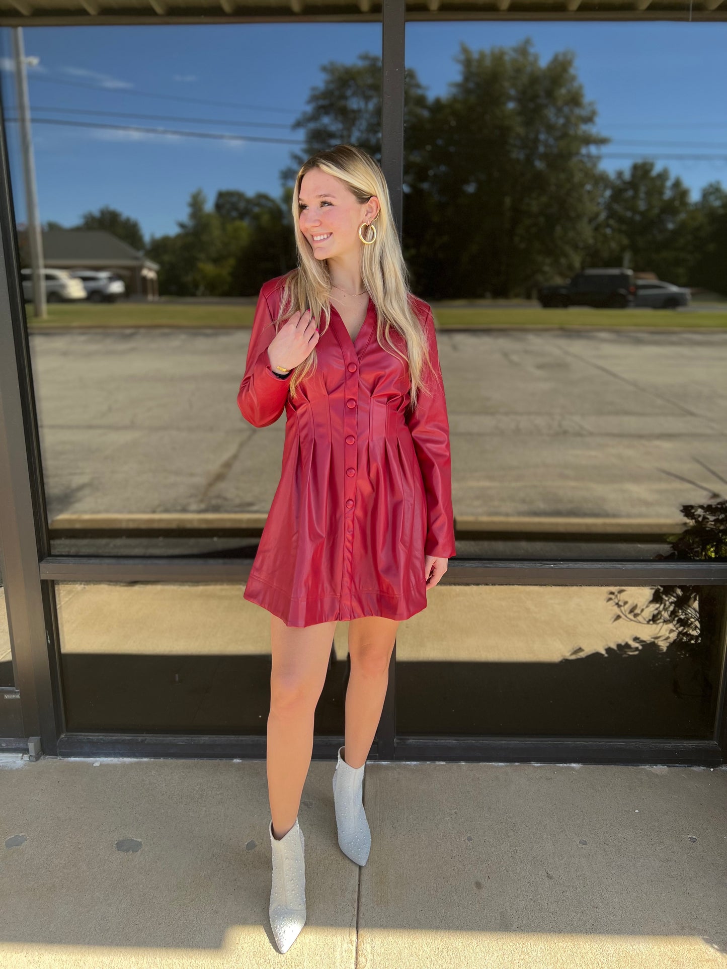 Burgundy Leather Button Dress