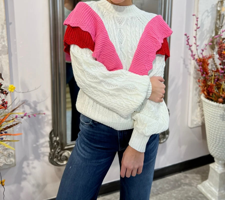 CONTRAST PINK CABLE KNIT SWEATER IN CREAM