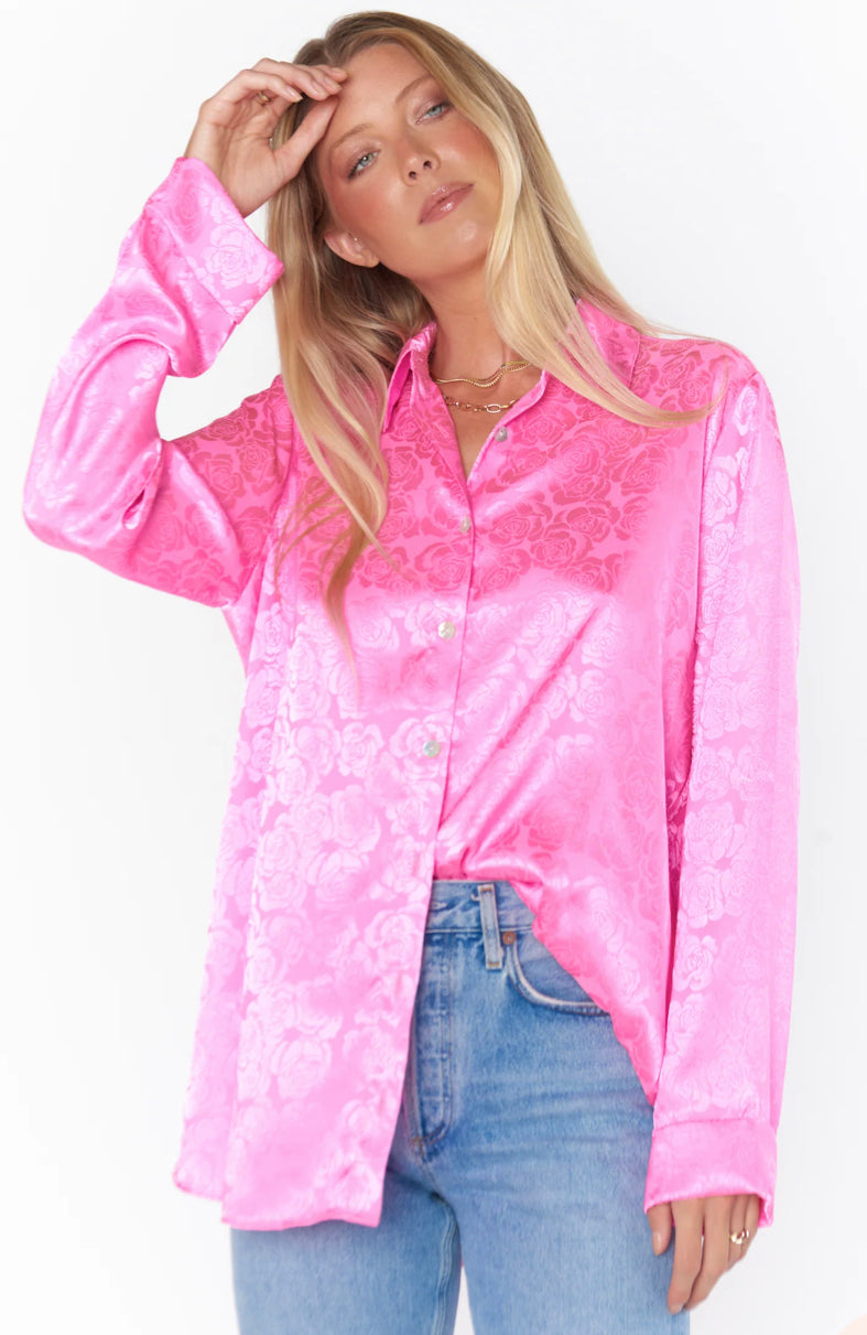 Mumu Bright Pink Rose Satin Smith Button Down