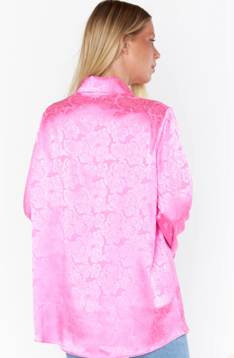 Mumu Bright Pink Rose Satin Smith Button Down