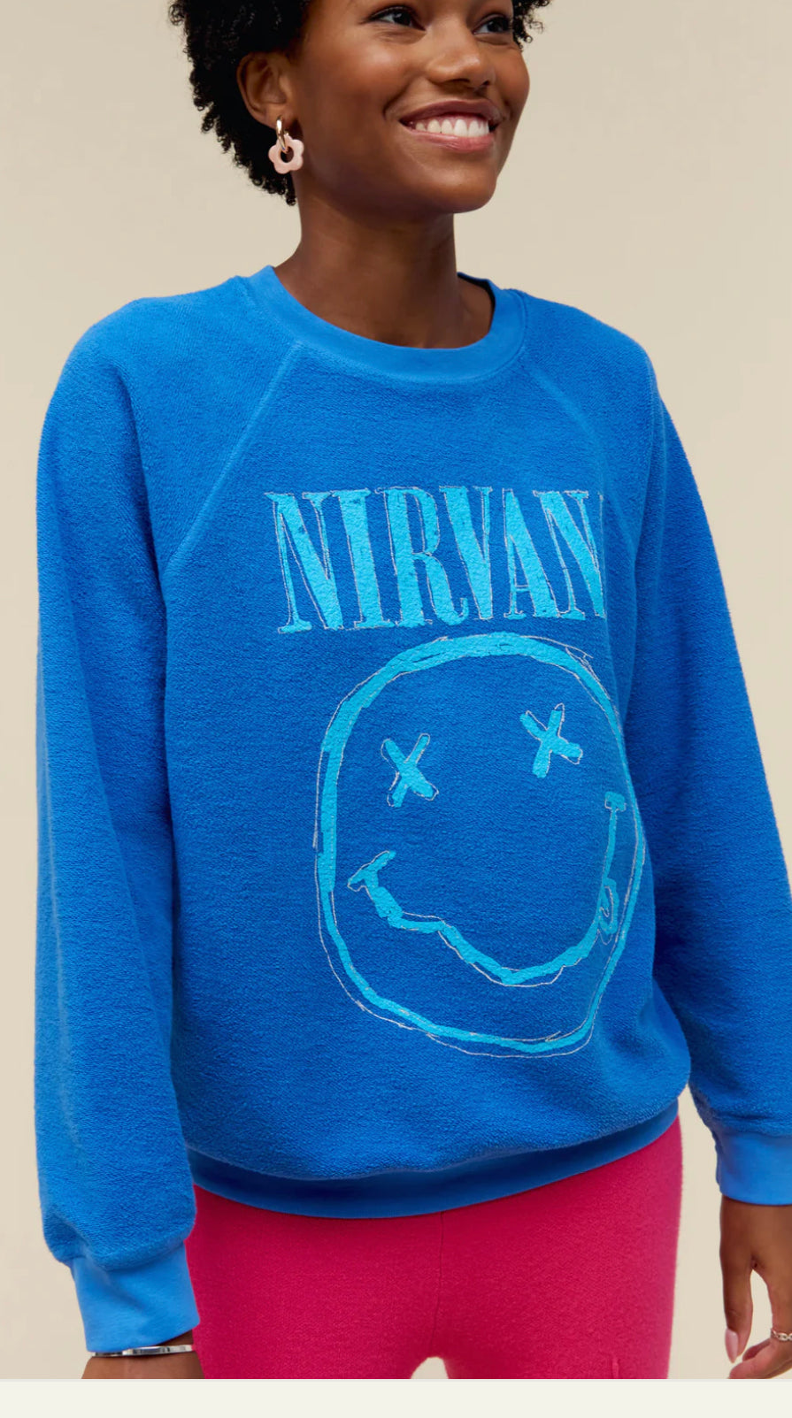 NIRVANA SMILEY REVERSE RAGLAN CREW IN WASHED COBALT