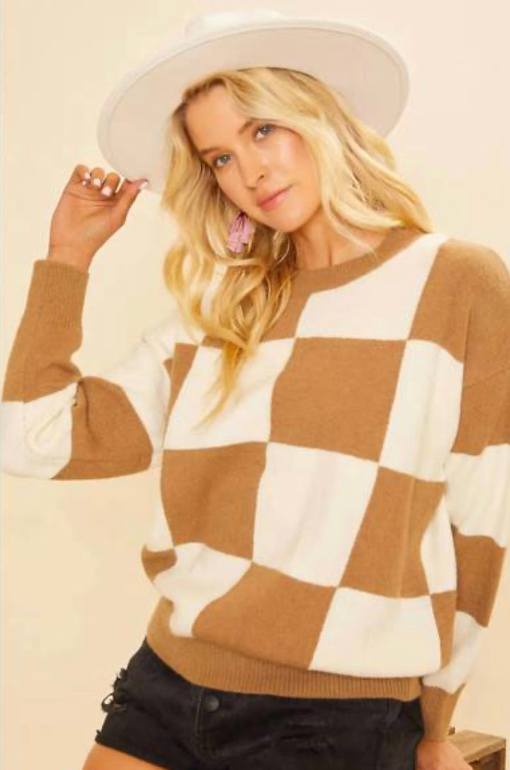 The Ashland Checker Sweater In White And Brown