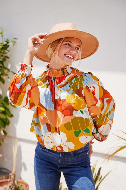 Mustard Mix Smocked Neck Top