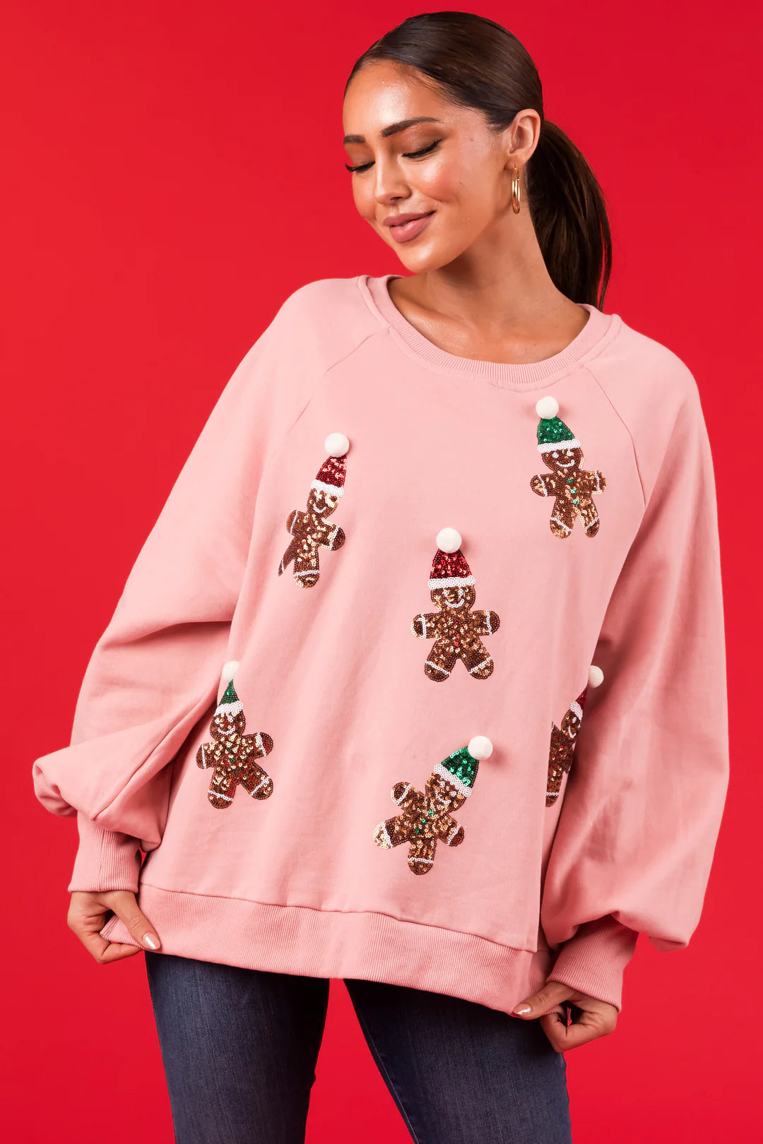 Dusty Blush Sequin Christmas Gingerbread Sweatshirt