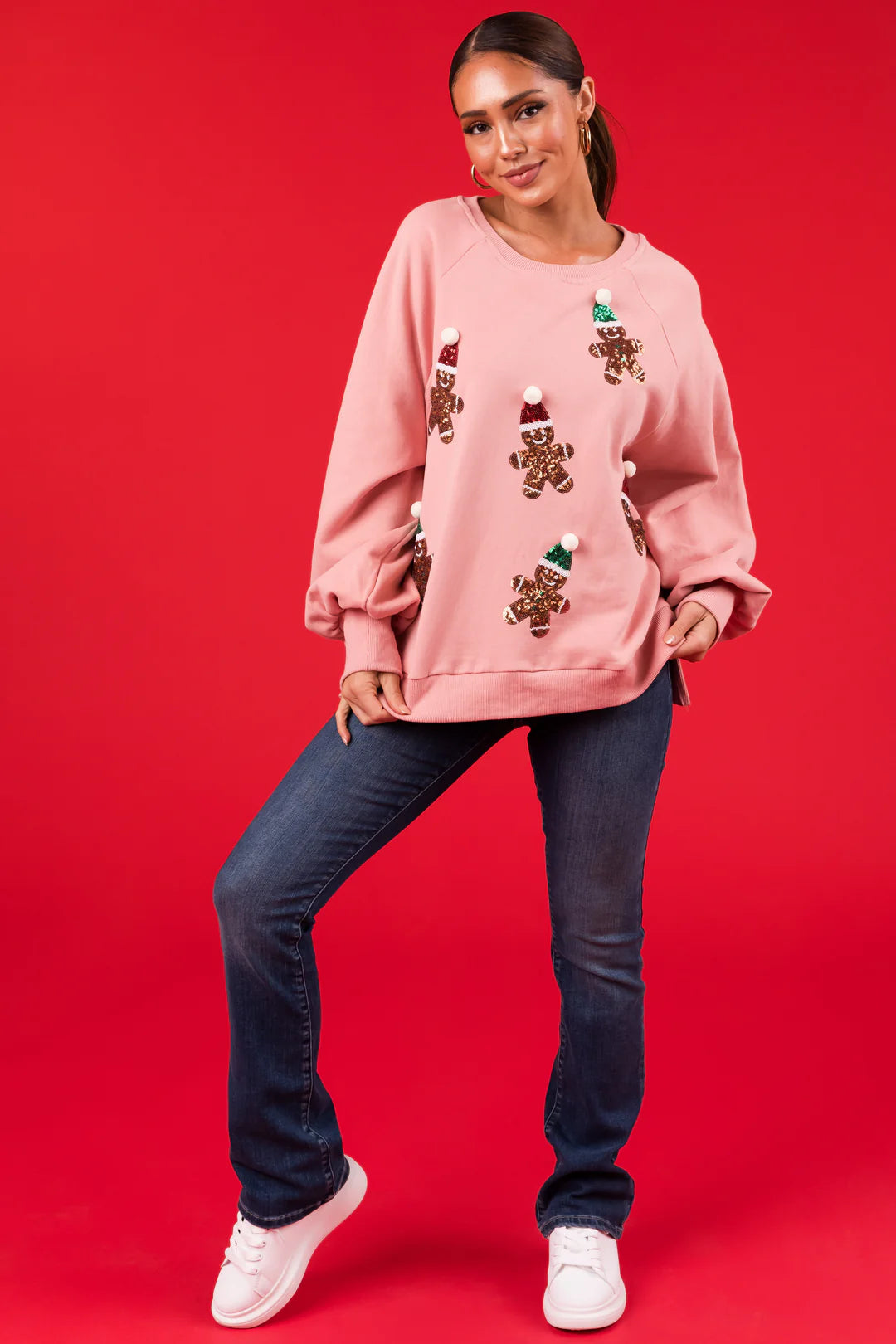 Dusty Blush Sequin Christmas Gingerbread Sweatshirt