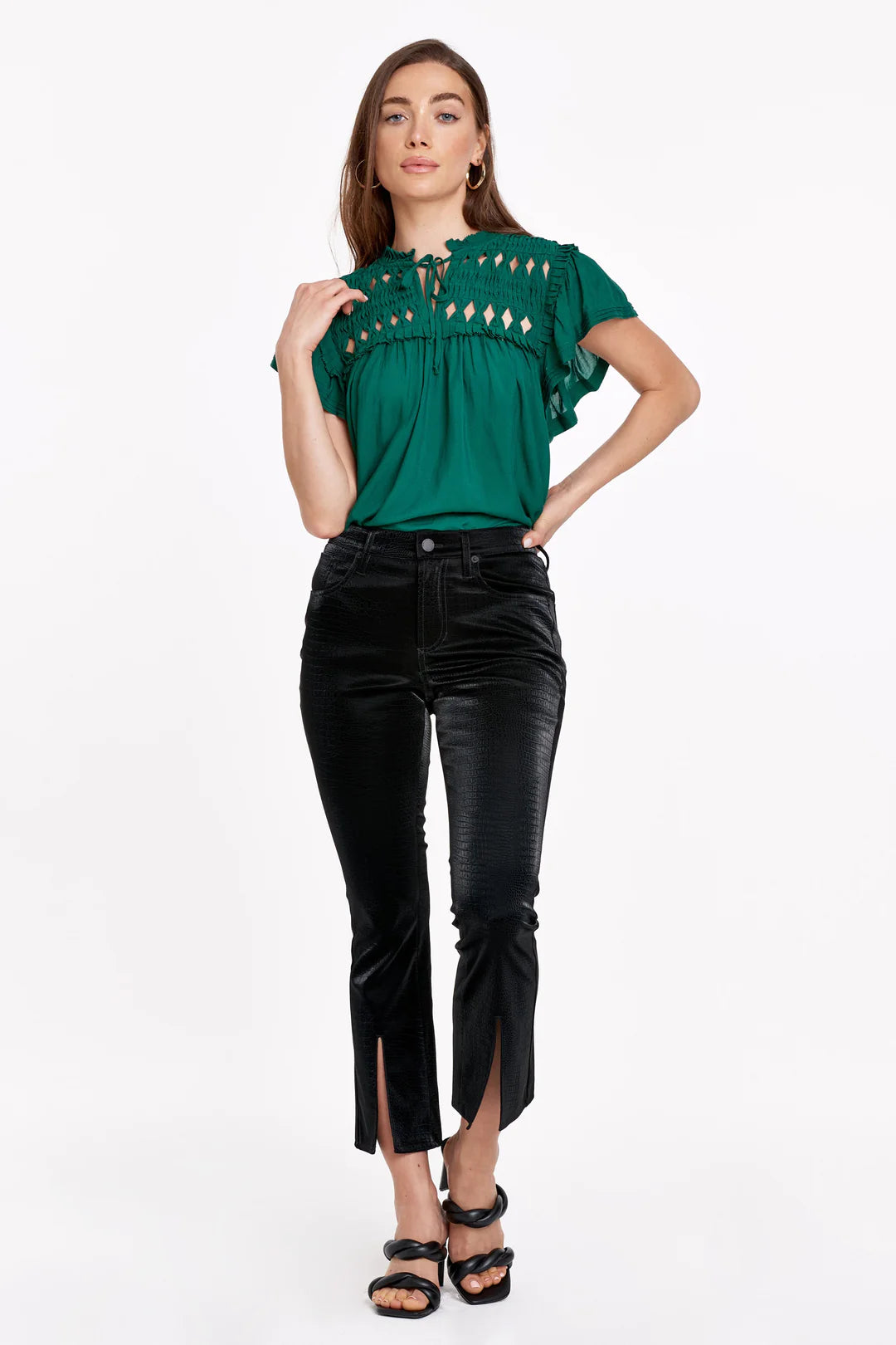 JEANNE SUPER HIGH RISE CROPPED FLARE PANTS BLACK EMBOSSED
