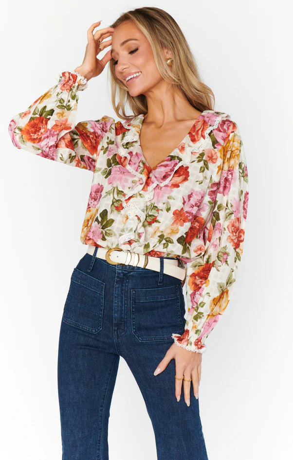 Lydia Ruffle Top - Ivory Hillside Floral