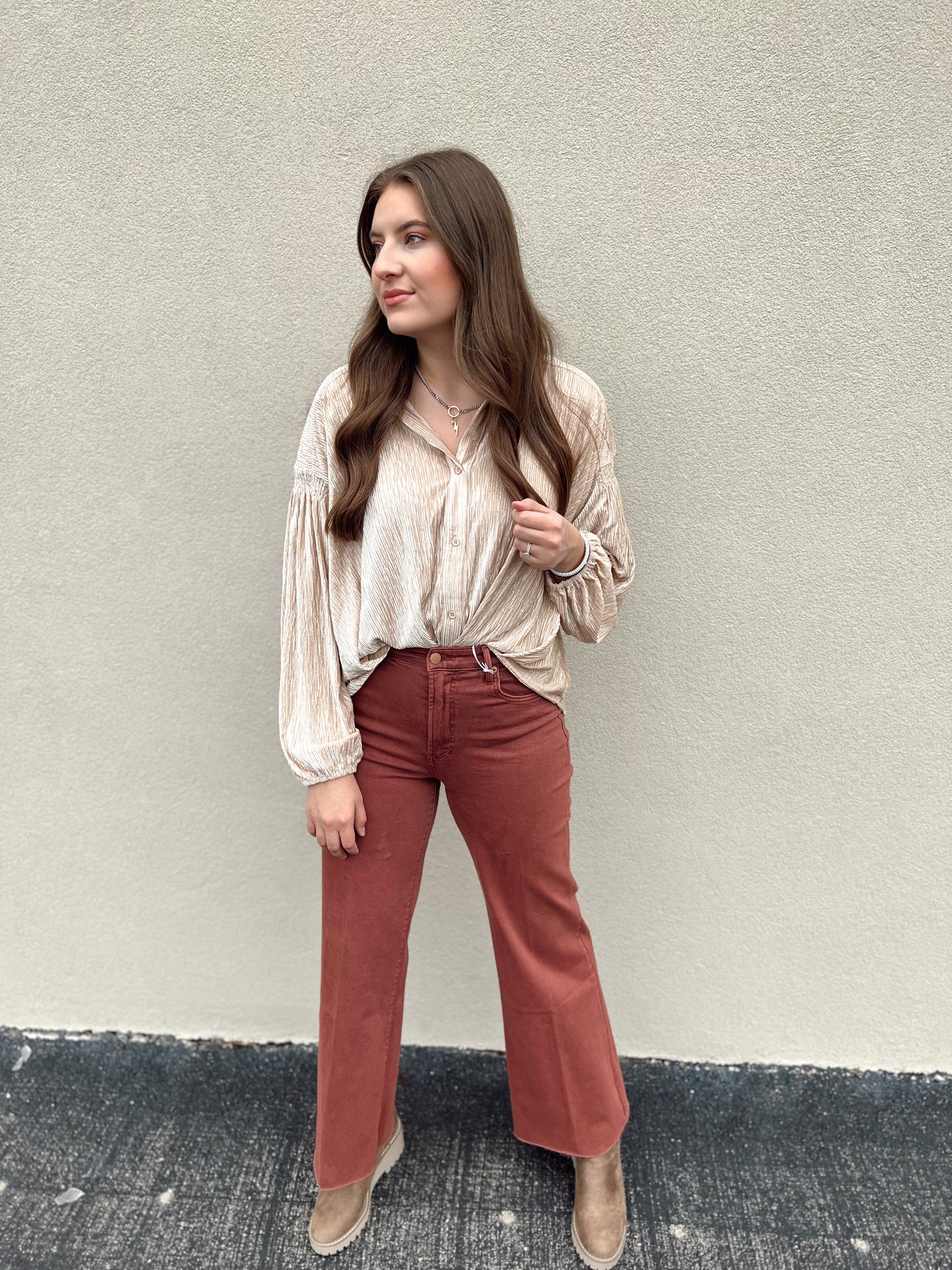 Cream Textured Velvet Button Down