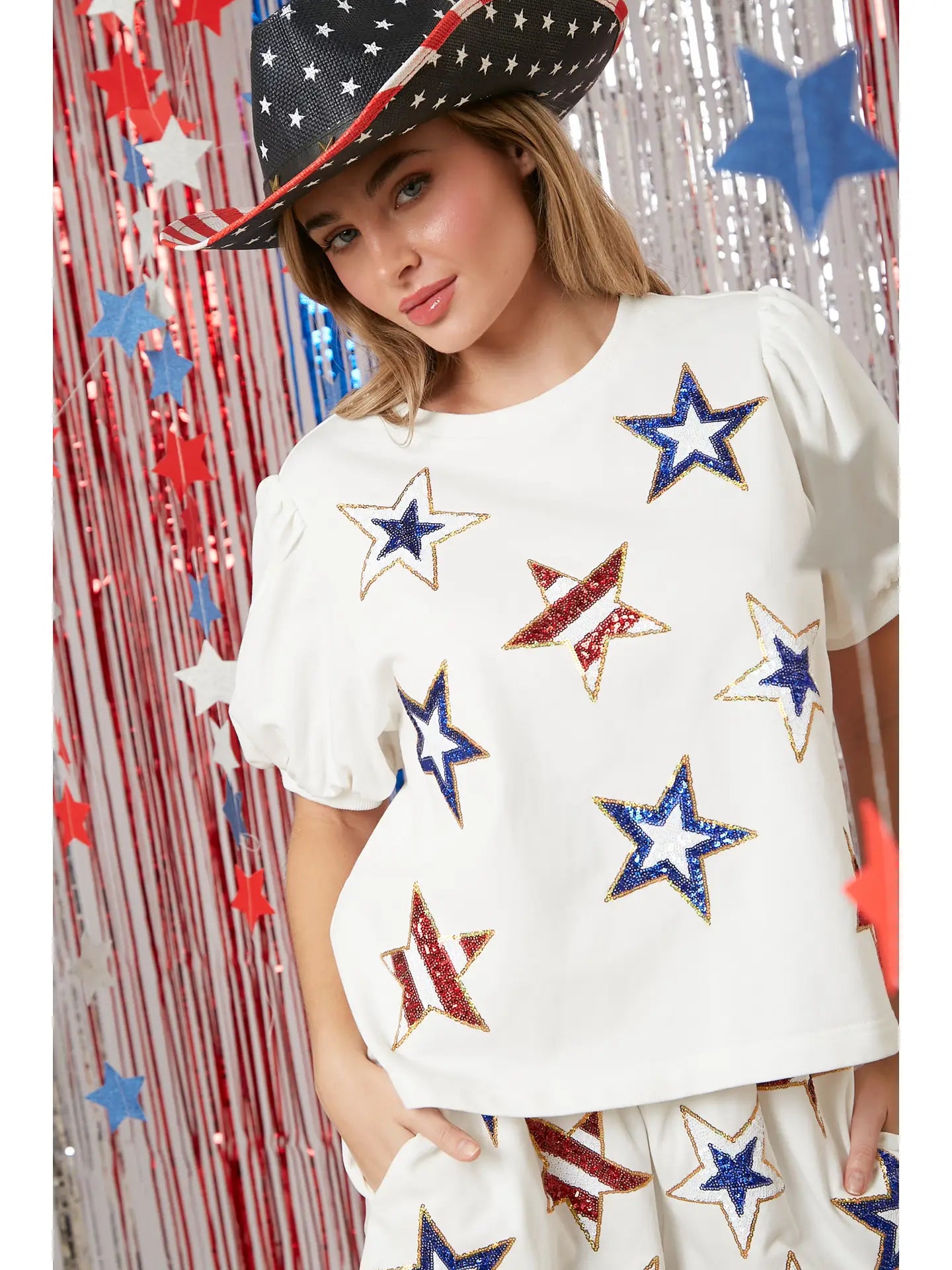 Star Sequins Puff Sleeve Top