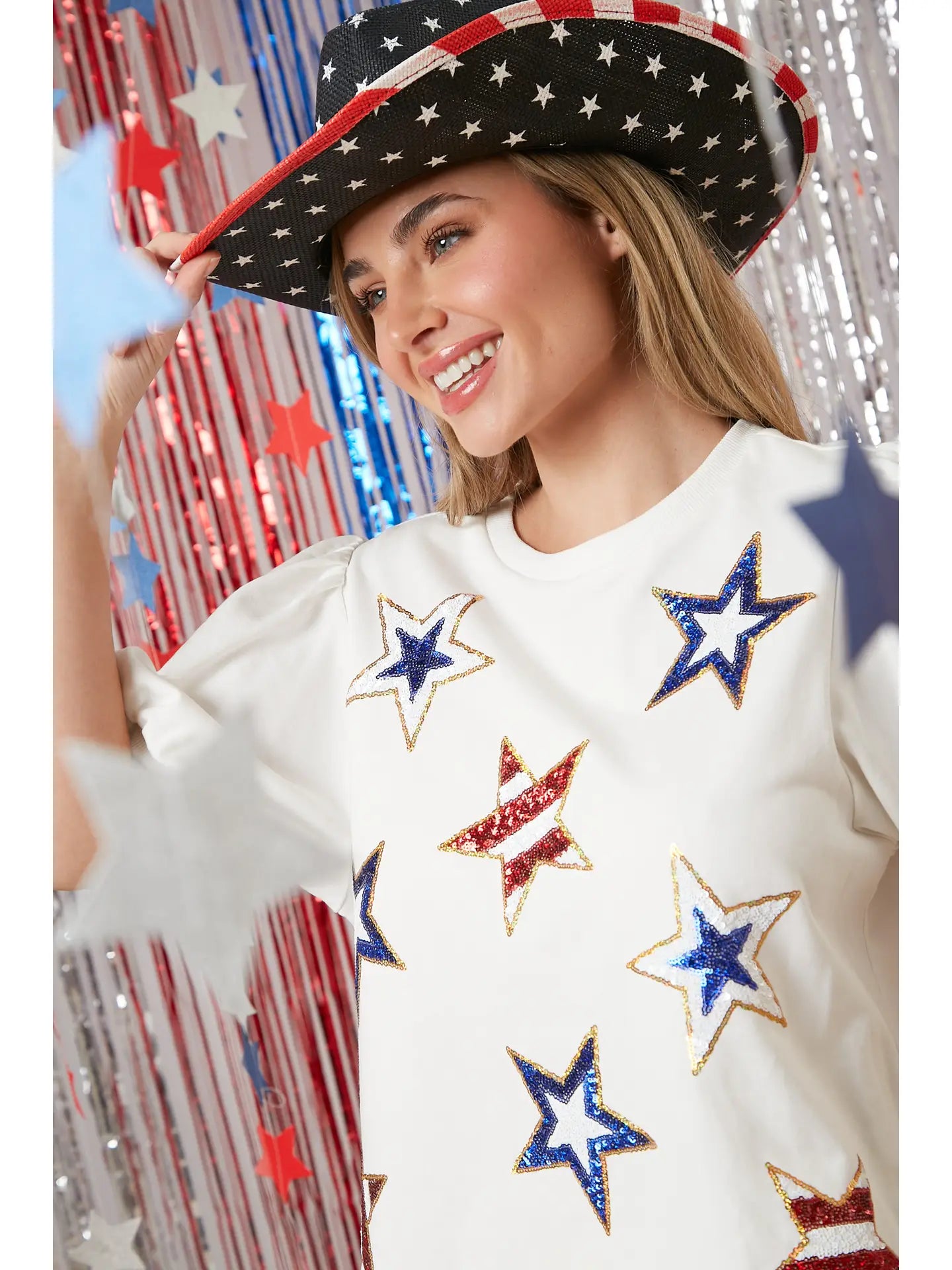 Star Sequins Puff Sleeve Top