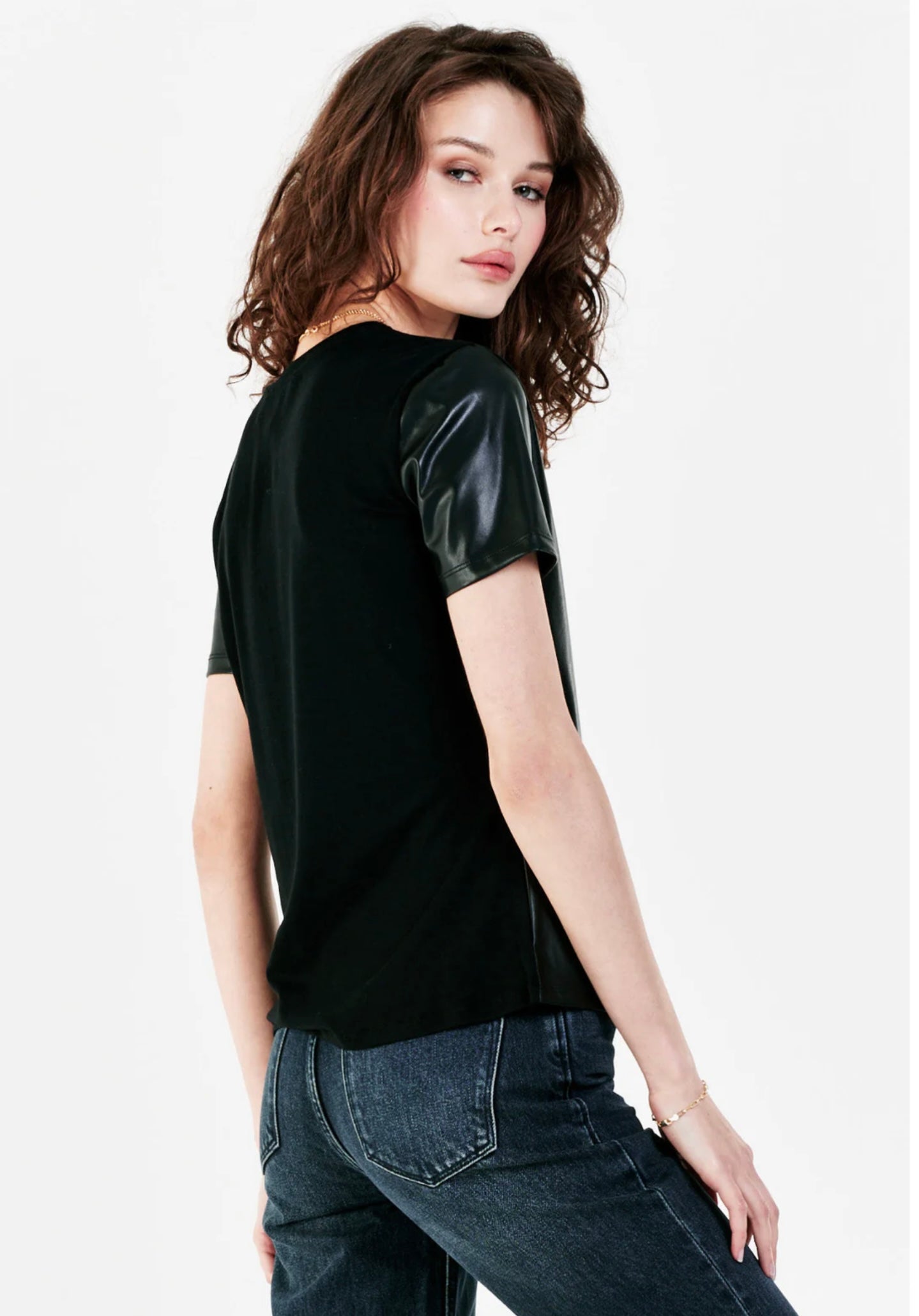 REESE MIX MEDIA VEGAN LEATHER TOP BLACK
