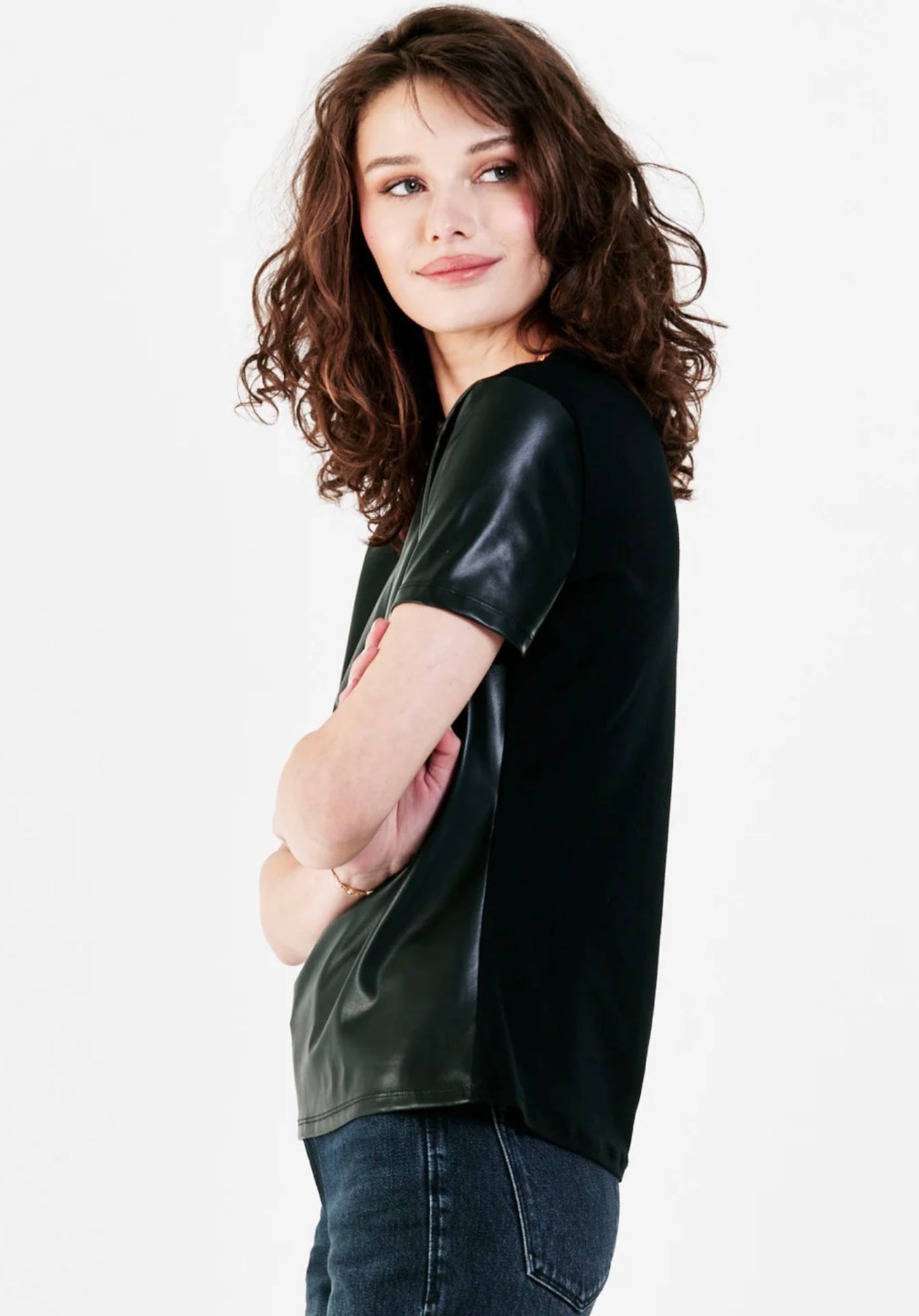 REESE MIX MEDIA VEGAN LEATHER TOP BLACK