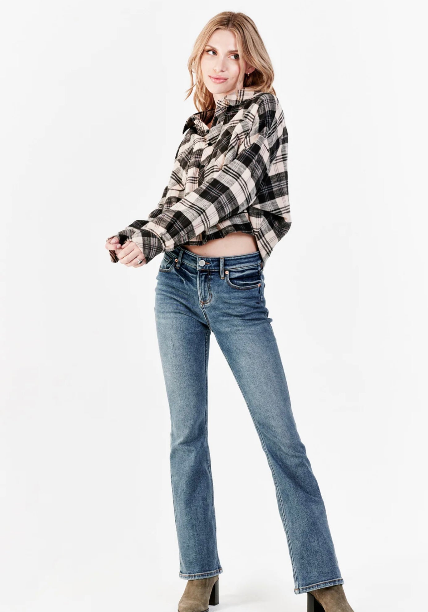 XANDRA SHIRT JACKET BLACK CREAM PLAID
