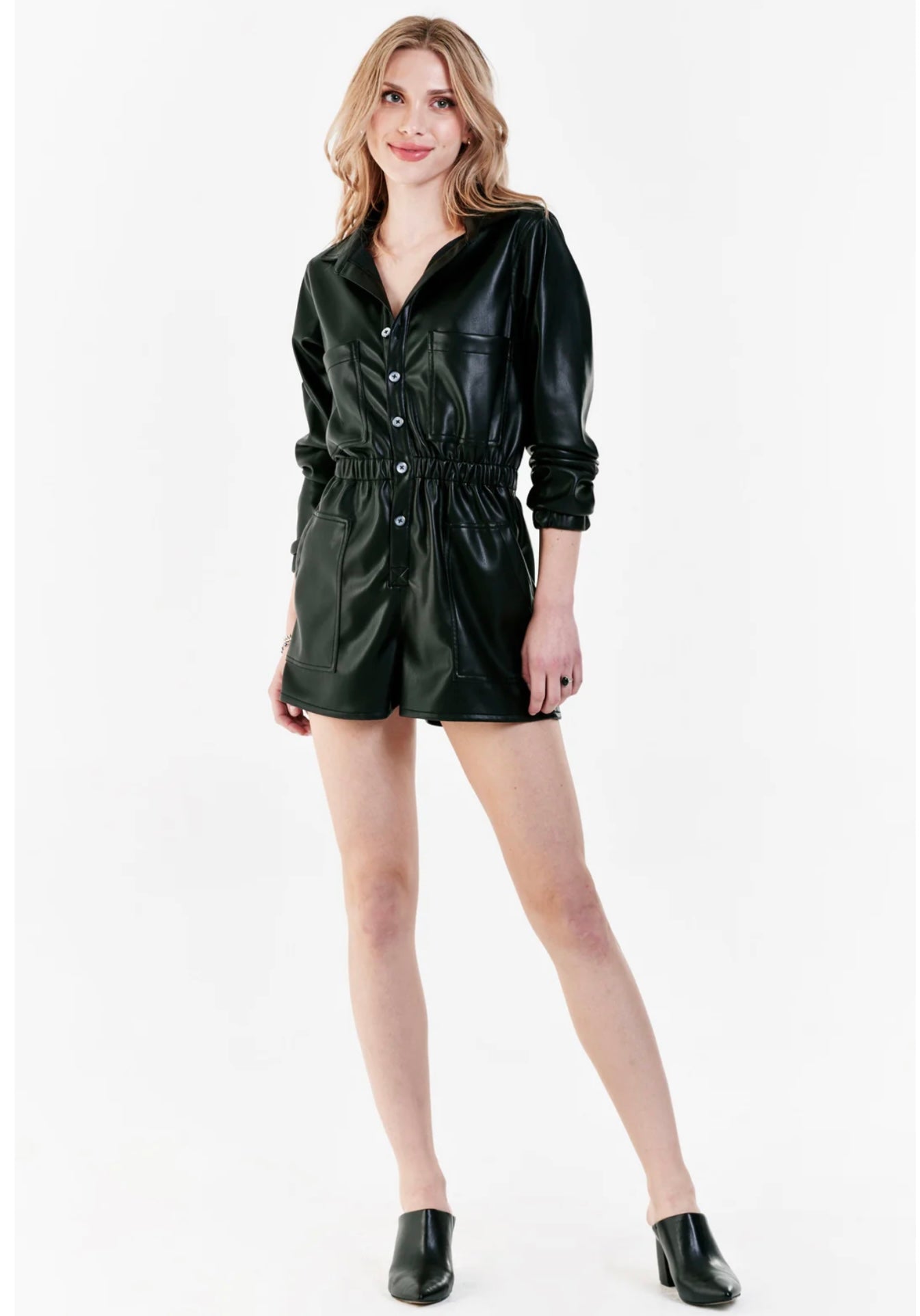 LOTTIE BUTTON FRONT ROMPER BLACK VEGAN LEATHER