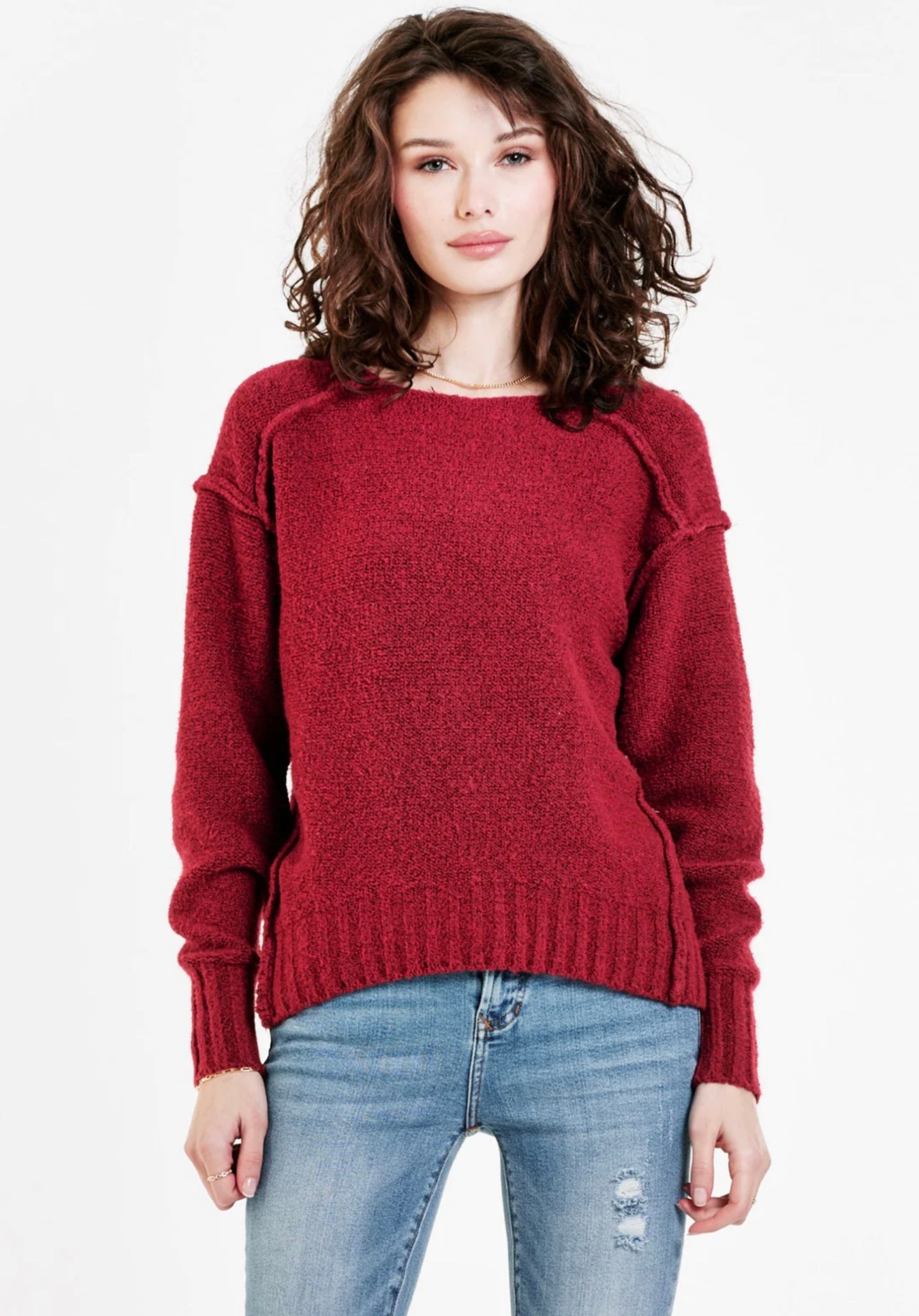 JENNA RAW SEAM SWEATER CHERRY WINE
