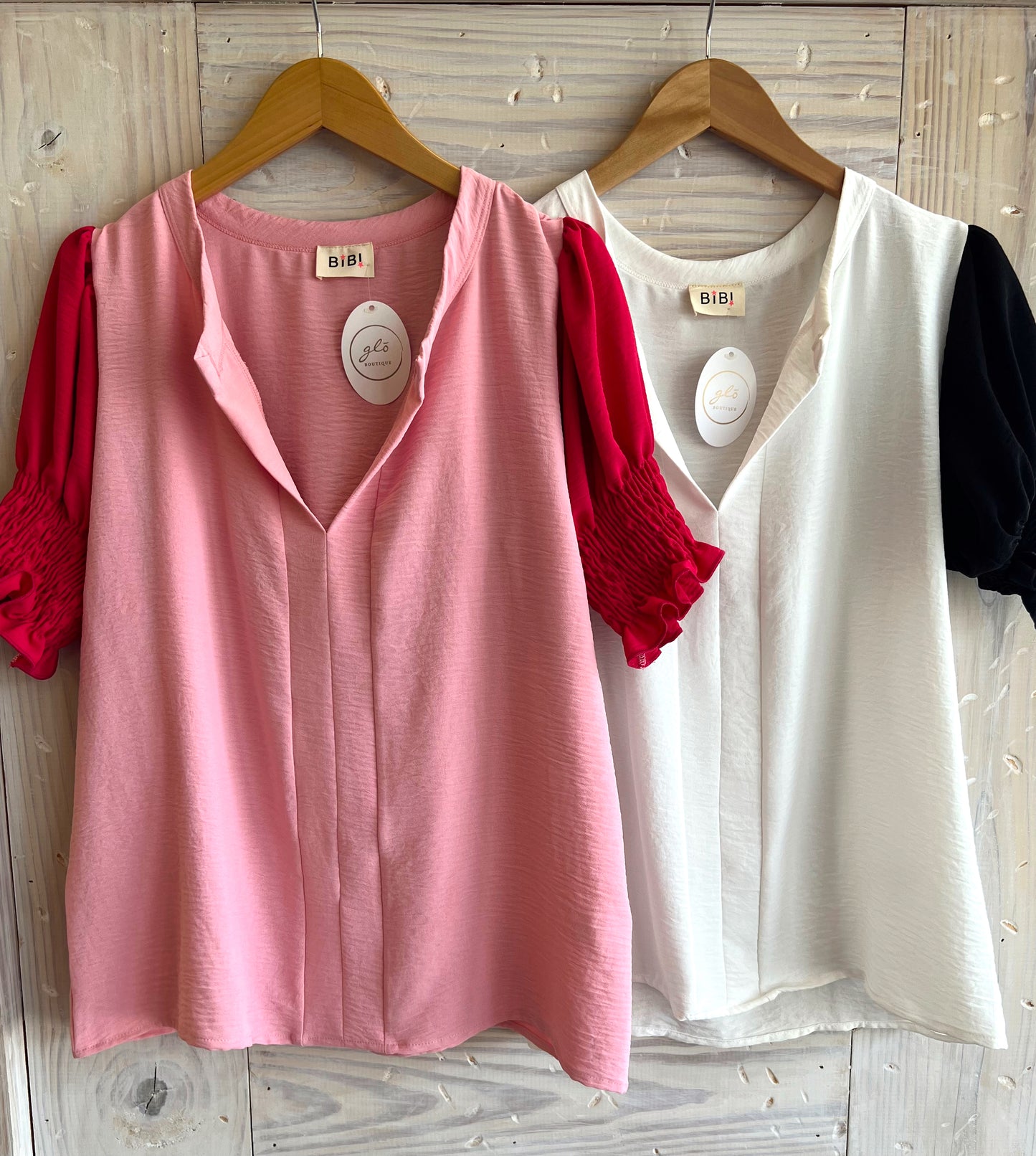 Pink and Light Pink Color Block Puff Sleeve