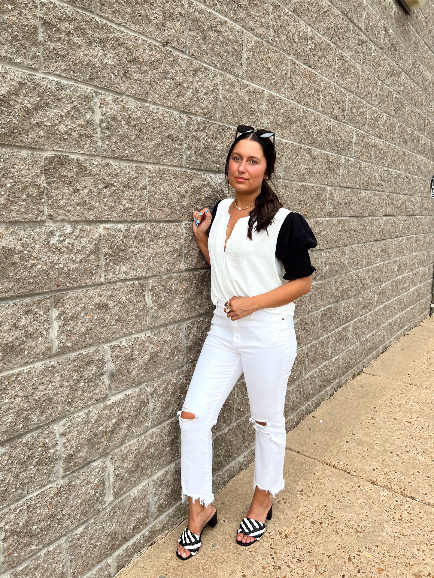 Black and White Block Puff Sleeve Top