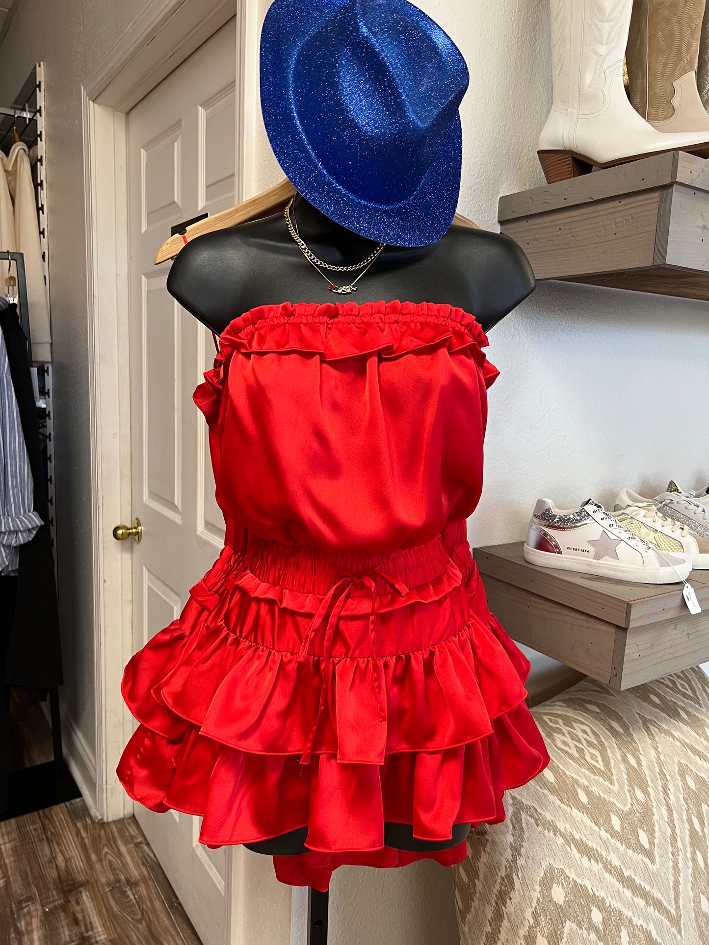 Red Strapless Ruffle Romper