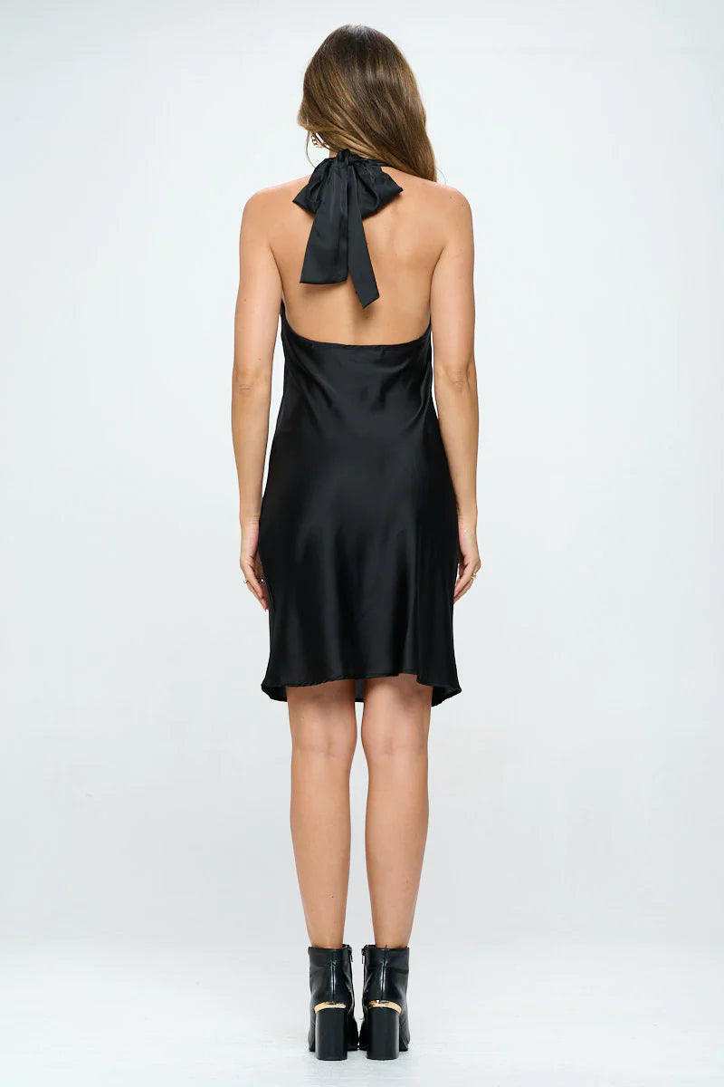 SATIN CRISS CROSS NECK DRESS WITH OPEN BACK
