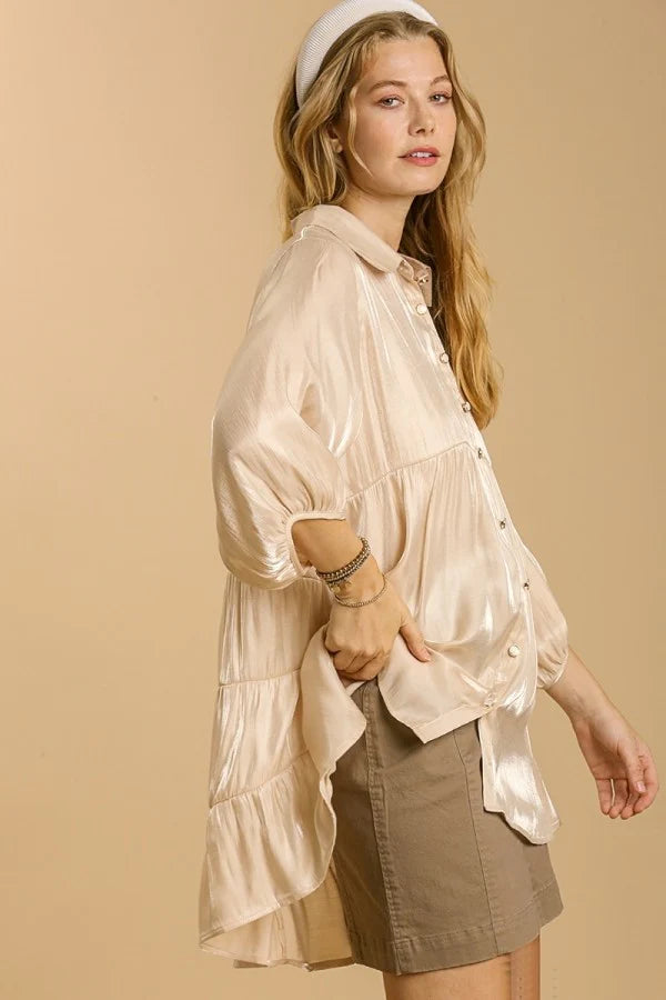 Umgee Satin Collared Button Down Dress
