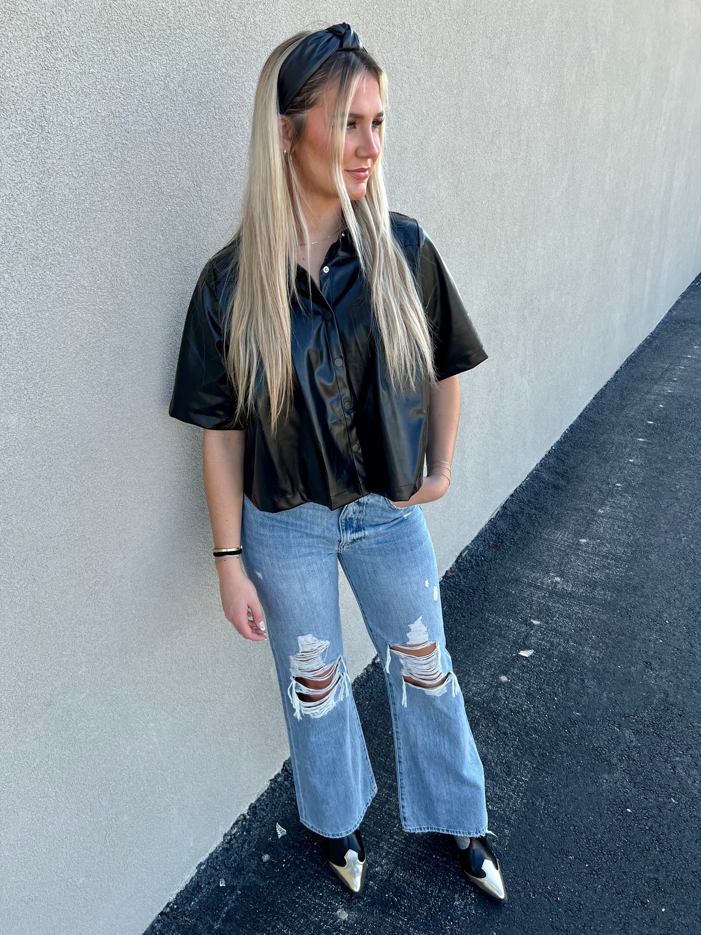 Black Leather Button Down Top