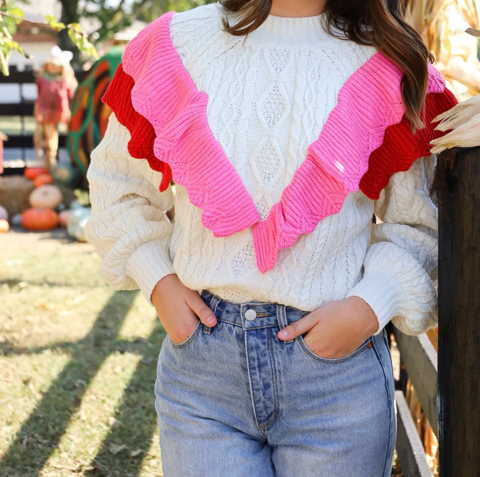 CONTRAST PINK CABLE KNIT SWEATER IN CREAM