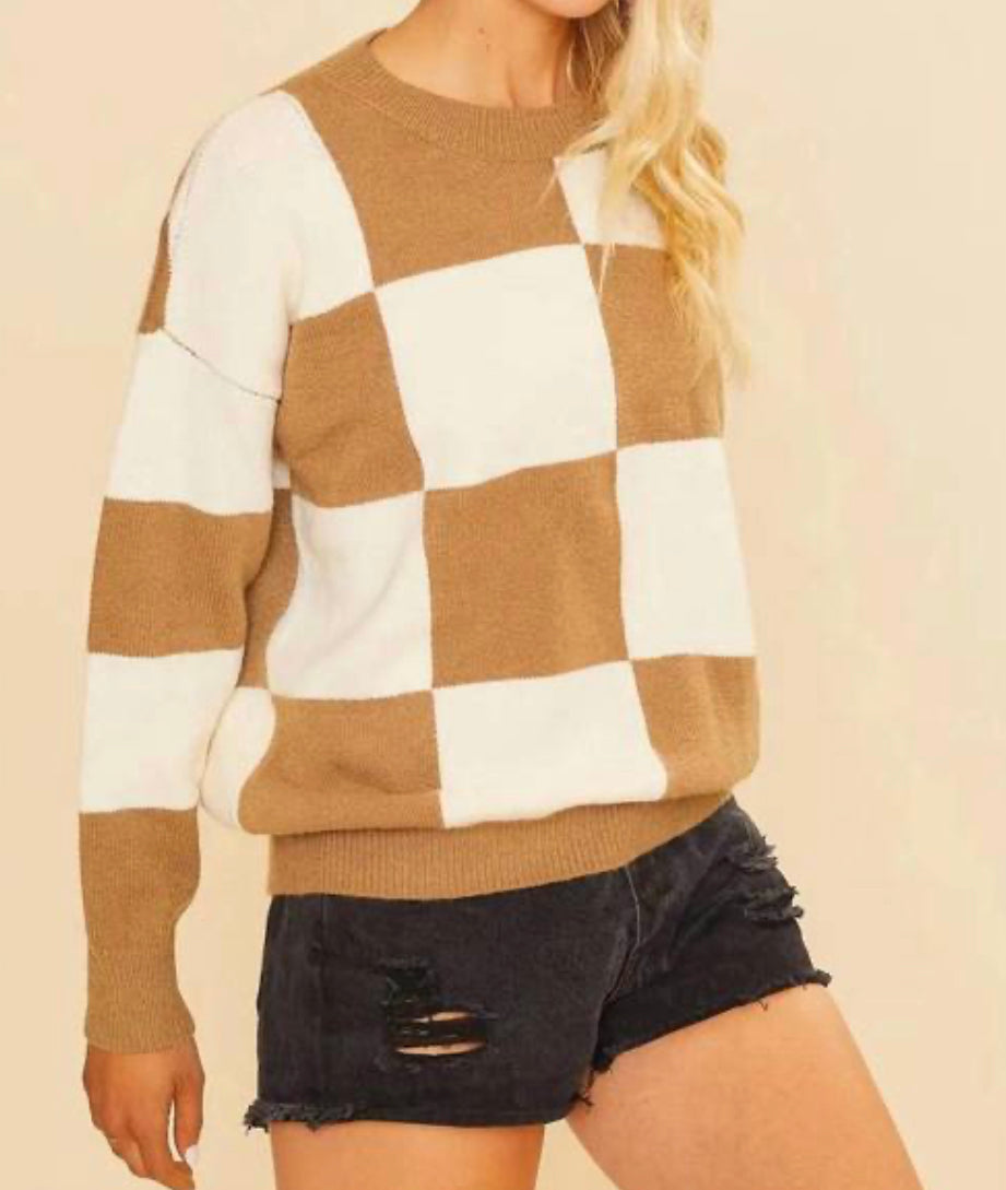 The Ashland Checker Sweater In White And Brown