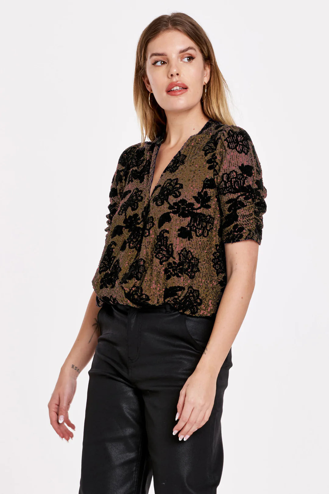 YAZMINE FRONT WRAP TOP ROSE GOLD LILLY SEQUIN