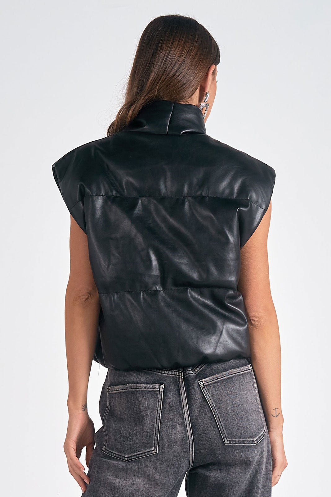 Black Leather High Collar Vest