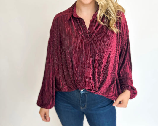 Burgundy Textured Velvet Button Down