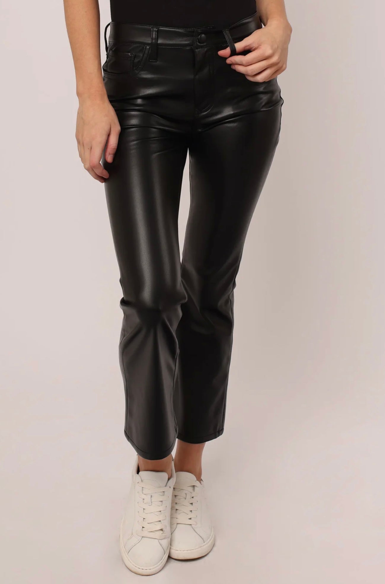 JEANNE HIGH RISE CROPPED FLARE PANTS BLACK VEGAN LEATHER