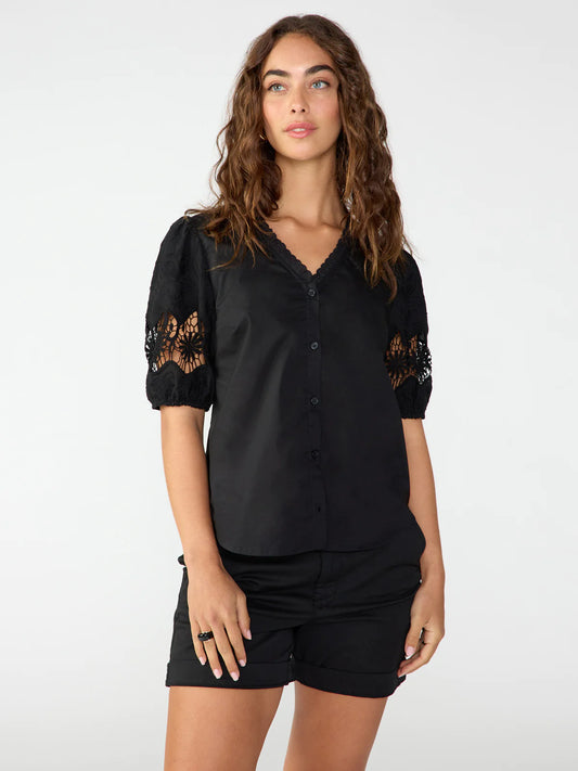 Sanctuary Puff Sleeve Button Front Blouse Black