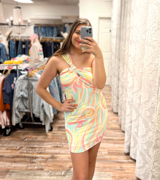 Mint/Pink One Shoulder Fitted Dress