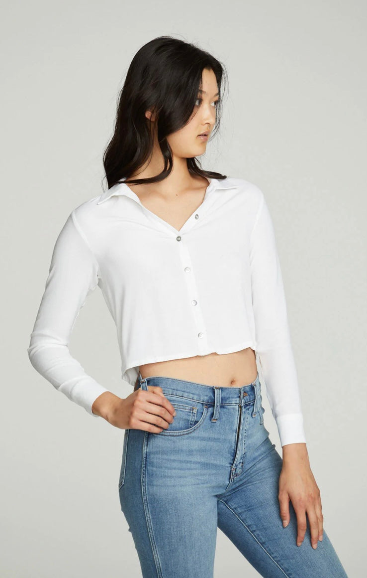 Chaser CROPPED LONG SLEEVE BUTTON DOWN SHIRT